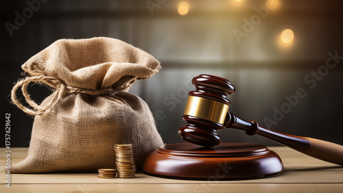 Gavel Money Bag and Coins Legal Financial and Auction Concept