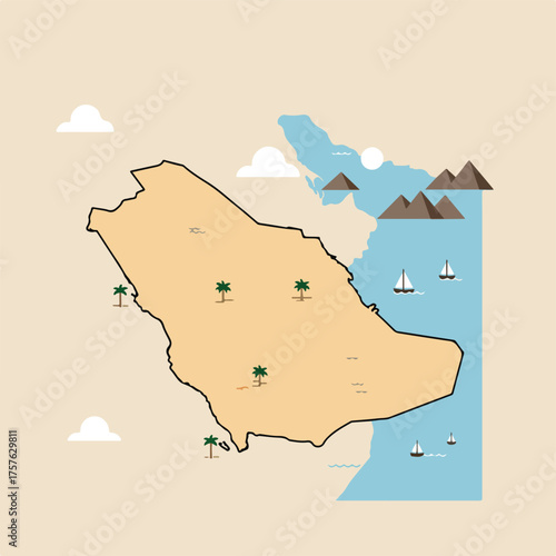 Flat design travel concept map of Saudi Arabia featuring desert palms, mountains, and traditional sailboats on the sea