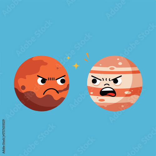 Angry cartoon planets glaring at each other in a celestial dispute, depicting conflict and tension in a fun, illustrative style, perfect for themes of disagreement or rivalry in a cosmic setting