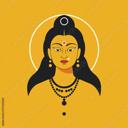 Illustration of Goddess Kali, a revered deity in Hinduism, adorned with traditional jewelry and a halo against a vibrant yellow background