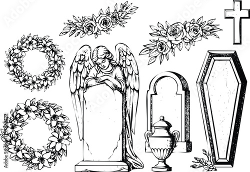 Vector art of angel tombstone, coffin, urn, wreaths, cross engraving art design