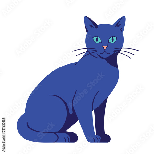 A sleek, minimalist illustration of a cobalt blue cat with bright green eyes, sitting attentively against a white background