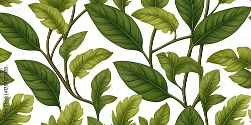 seamless pattern with green botanical leaves on white background. Perfect for fabric design, wallpaper, packaging, eco branding, and natural-themed backgrounds