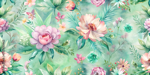 Delicate watercolor floral background with peonies, blossoms, and soft greenery. Perfect for wedding invitations, packaging, fabric design, feminine branding, and romantic backgrounds