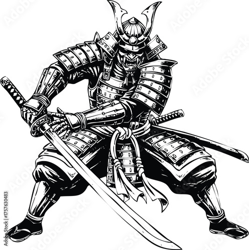 Vector art of warrior samurai warrior with sword engraving art design