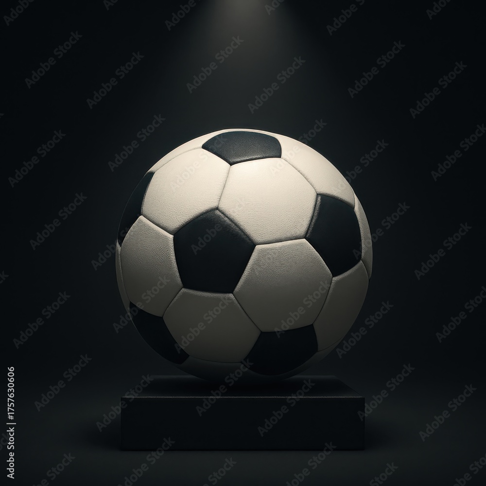 Naklejka premium A classic black and white soccer ball sits on a pedestal in a spotlight