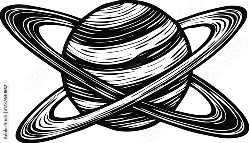 Vector art of stylized drawing of a planet with rings engraving art design