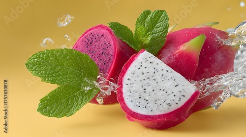 Fresh dragon fruit pitaya with water splash and mint, exotic produce, healthy food, bright yellow background