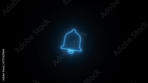 Neon glowing abstract bell button animated on black background.