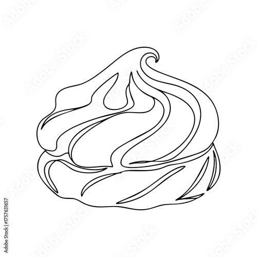 Vector line art of a meringue dessert with soft swirls and airy texture, elegant pastry illustration for bakery or cafe branding.