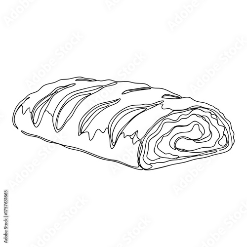 Vector line art of a strudel pastry with layered flaky dough and detailed texture, minimalist food illustration for bakery design or coloring book.