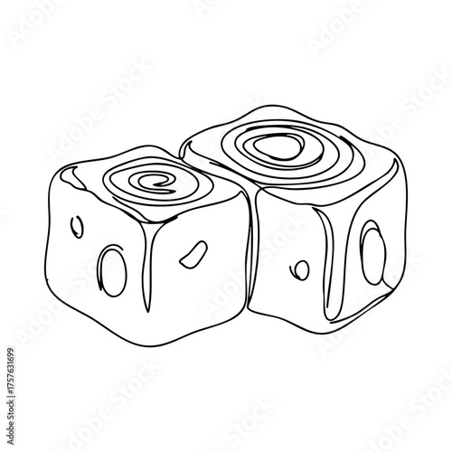 Vector line art of two cube-shaped desserts with spiral tops, minimalist sweet treat illustration perfect for bakery, confectionery, or cafe menu design.