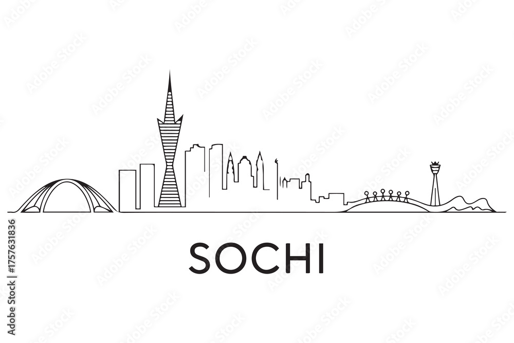 Naklejka premium Sochi Line Art skyline horizontal banner. Sochi, Russia. Vector template for your design. with white background