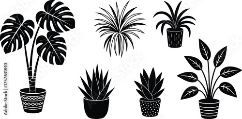 Plant silhouette icons, black botanical graphics, potted foliage, leaf variety, indoor plants, vector illustration, decorative pots, minimalist decor