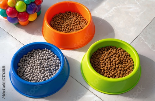 Cat Food Bowls Filled With Varied Pet Food Placed on Wooden Floor in a Cozy H...