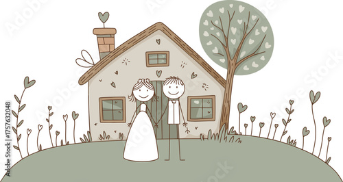 Love's Abode: A charming illustration depicts a couple, hand-in-hand, standing before their quaint cottage, a symbol of their shared home and budding life together.