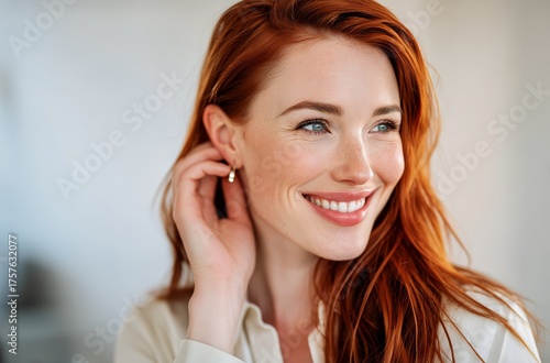 Smiling Woman With Red Hair Enjoying a Moment in a Bright Indoor Space