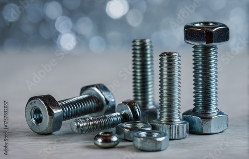 Collection of Metal Bolts and Nuts Arranged on a Table With a Blurred Background