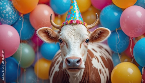  happy birthday party balloons enjoying with brown cow 