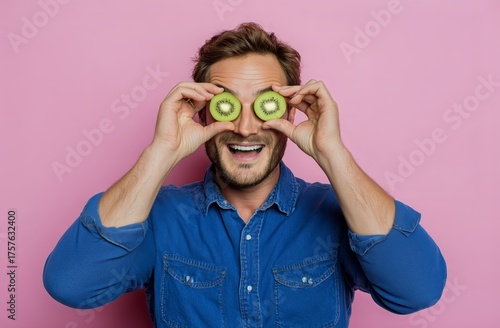 Man Holding Kiwi Slices in Front of His Eyes With a Big Smile Against a Pink ...