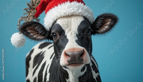 close up of a cow in a christmas hat