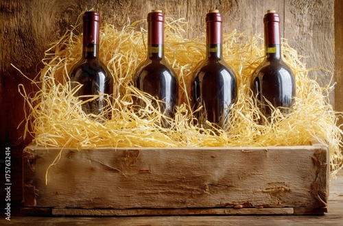 Elegant Red Wine Bottles Nestled in a Rustic Wooden Crate With Straw Filling