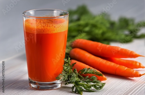 Fresh Carrot Juice Served in a Clear Glass With Whole Carrots and Green Leave...