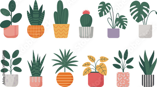 Potted houseplants, leafy succulents, decorative pots, plant variety, cozy decor, botanical illustration, indoor greenery, cartoon style, artistic inspiration