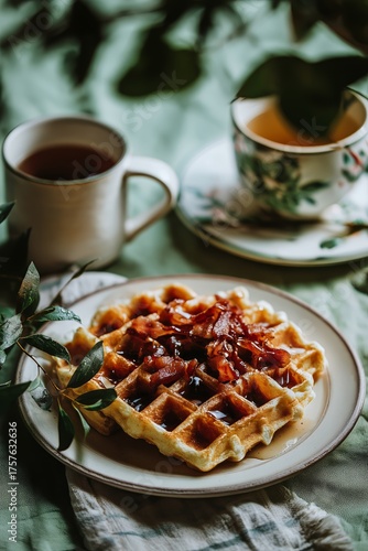 Delicious Waffle Topped With Bacon Served With Tea in a Cozy Setting