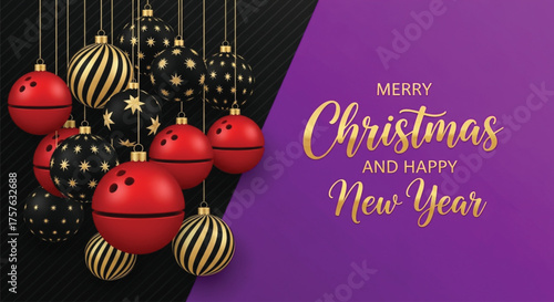 A festive Christmas and New Year greeting card featuring bowling ball ornaments against a vibrant purple backdrop, perfect for holiday celebrations and greetings.