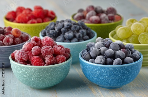 Freshly Frozen Fruits in Colorful Bowls Arranged Neatly on a Table