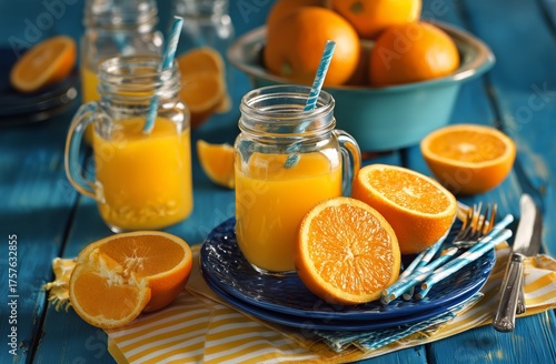 Freshly Squeezed Orange Juice With Whole Oranges on a Blue Wooden Table at a ...