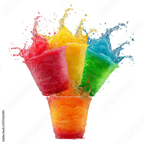 Exploding colorful slushies in mid-air capturing vibrant liquid splashes
