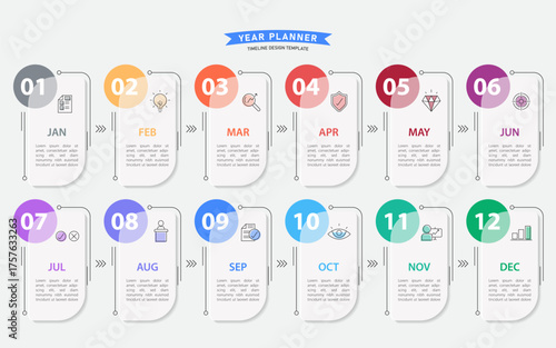 Timeline Creator infographic template. 12 months timeline journey, 1 year calendar infographics design template. presentation graph. Business concept with 12 options or steps, vector illustration.