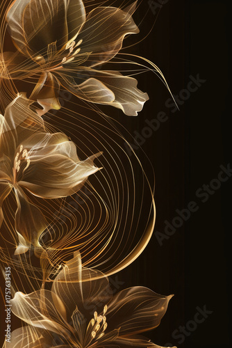 Abstract floral design with golden flowers and swirling lines on a dark background. Elegant and modern aesthetic. vertical banner, copy space, free space for text