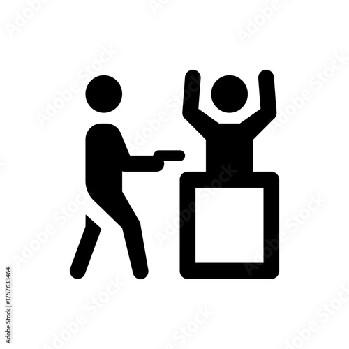 Illustration of a stick figure holding a gun pointed at another stick figure with their hands up near a square