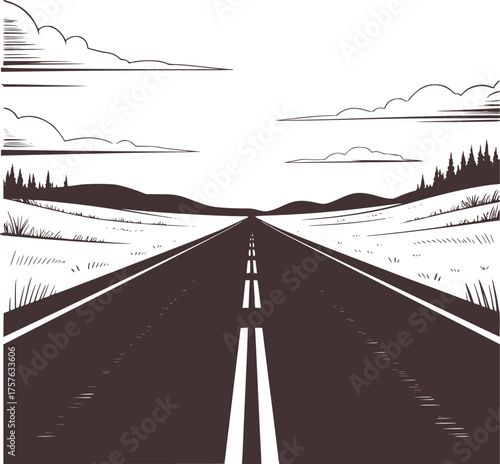 Open road stretching towards distant hills and trees highway landscape