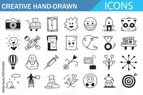 Set of Hand-Drawn Icons Representing Smiling Faces, Objects, and Activities