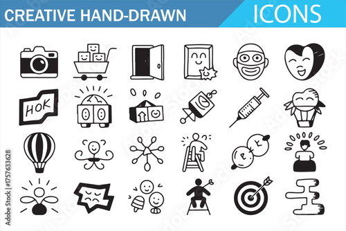 Creative Hand-Drawn Icons Featuring Various Expressions, Objects, and Activities - Illustration for Commercial Use
