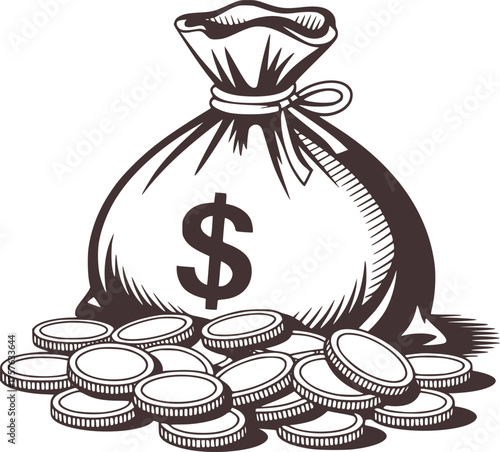 Overflowing money bag with dollar sign and scattered coins wealth finance