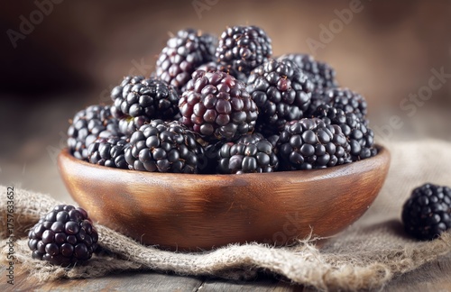 Fresh Blackberries in a Wooden Bowl on a Rustic Table With Soft Natural Lighting