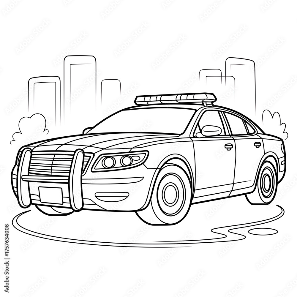 Obraz premium Coloring image of police car black and white, crisp lines, white background, sketch style, children’s coloring book, generative AI