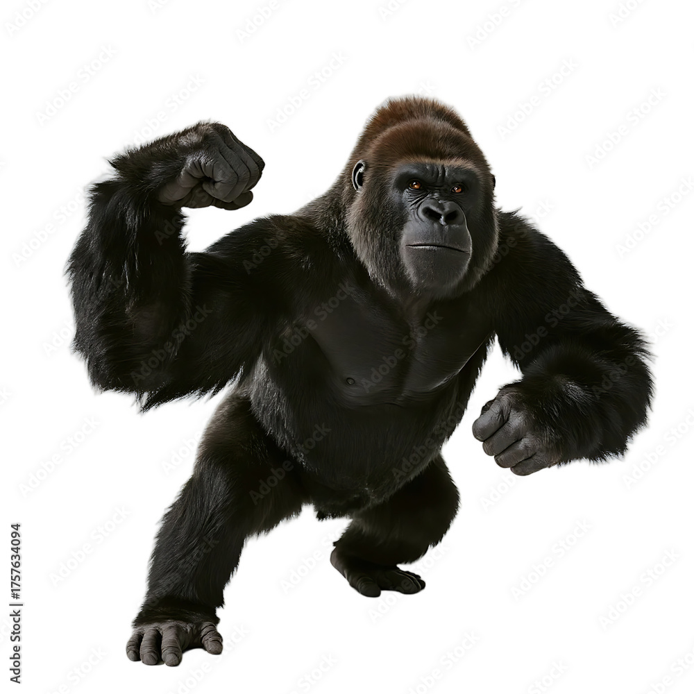 Fototapeta premium A gorilla is depicted in a powerful stance, showcasing its strong muscles and wild nature.
