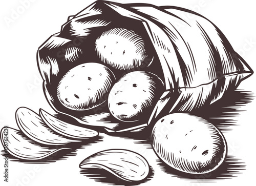 Whole potatoes and chips spilling from bag potato chips food