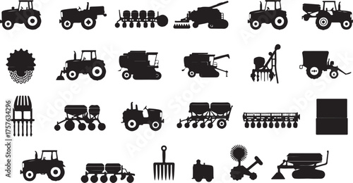 Farm animals and vehicles icon set vector illustration silhouette design