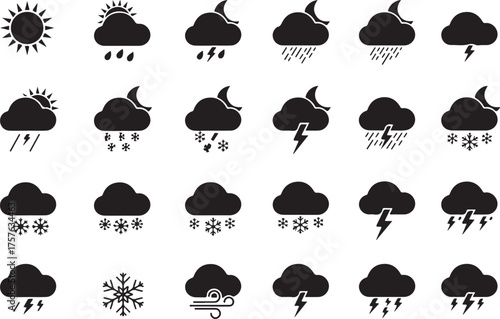 Black silhouettes of autumn trees and leaves with weather icons set