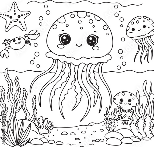 Cute cartoon jellyfish and ocean friends coloring page for kids
