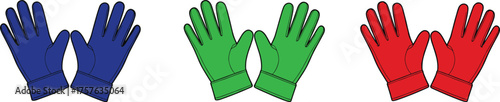 Colorful gloves illustration, blue green red pairs, vector accessory design, winter clothing icon, fashion garment template, simple handwear drawing, apparel sketch