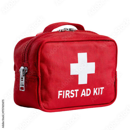 Red first aid kit close-up detailed shot prepared for emergencies