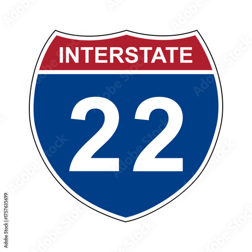 Interstate 22. Interstate highway sign. Road number. Signpost indicating route numbers in the U.S. Interstate Highway System. Even numbers run west to east. Odd numbers run north to south.